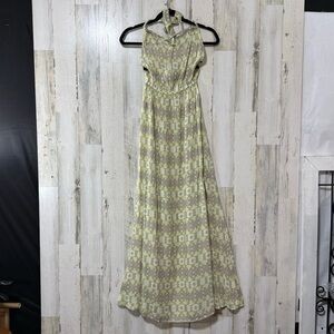 Gillia Backless Halter Style Lightweight Maxi Dress - Green and Cream